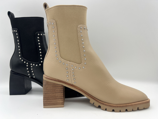 Tan hielen de Laarzen van de de Kledingsenkel van de zachte Vrouwen van het koeleer met schachtnagels in metaal, vierkante abs, TPR outsole met pusable latex