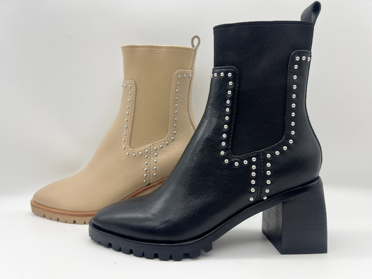 Tan hielen de Laarzen van de de Kledingsenkel van de zachte Vrouwen van het koeleer met schachtnagels in metaal, vierkante abs, TPR outsole met pusable latex