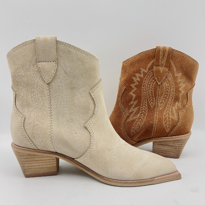 De Laarzen van de het Leerkleding van maniervrouwen Bruin/Beige met Bloemborduurwerk