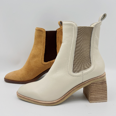 Ronde Toe Ankle Boots Womens Leather-Tan/het Beige van Kledingslaarzen met Elastiekje