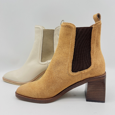 Ronde Toe Ankle Boots Womens Leather-Tan/het Beige van Kledingslaarzen met Elastiekje