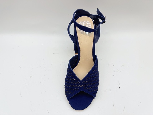 Het vierkante Zachte Nubuck Echte Leer Sandals van Toe High Heel Sandals Navy voor Dames