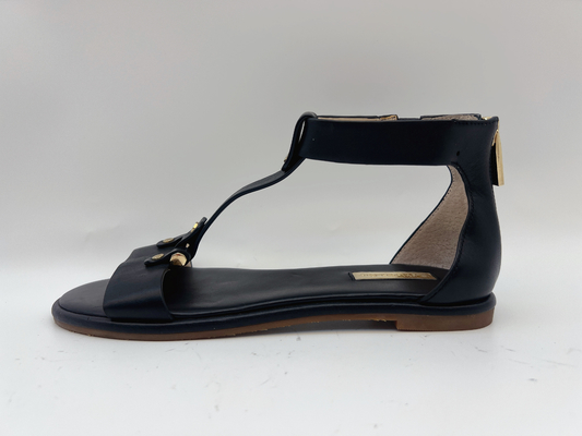 Vlak de Schoenenpiepgeluid Toe Soft Nappa Genuine Leather Retro Roman Sandals van de dames Zwart T Riem