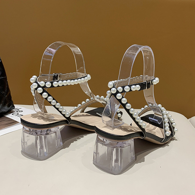 Transparante Hoge Vierkante Nieuwe Dame Sandals Pearl Beautiful van Hiel Dikke Soled