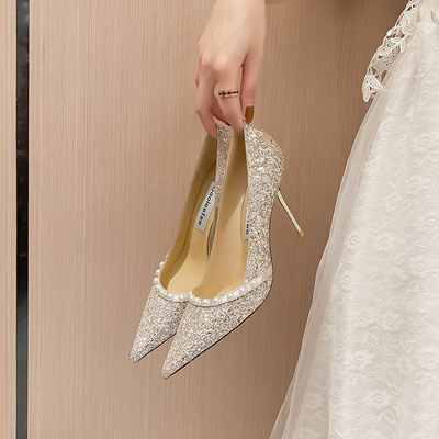 Het Huwelijkspompen van de lentedames, Schapehuid Gouden Glanzende Parel Crystal Shoes