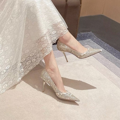 Het Huwelijkspompen van de lentedames, Schapehuid Gouden Glanzende Parel Crystal Shoes