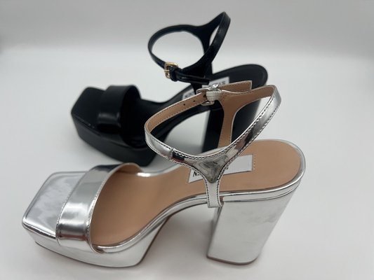 Van de het Leerkleding van octrooipu Vrouwen de Schoenen Vierkant Toe Silver Black Chunky Heel